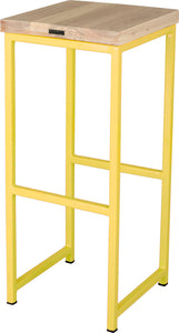 Yellow metal stool with whitewash stain ash wood made in UK - back side view square frame