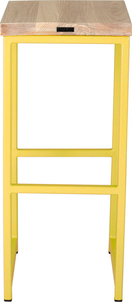Yellow metal stool with whitewash stain ash wood made in UK - back view square frame