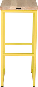Yellow metal stool with whitewash stain ash wood made in UK - back view square frame