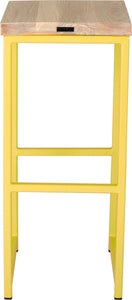 Yellow metal stool with whitewash stain ash wood made in UK - back view square frame
