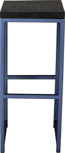 Blue metal stool with black stain ash wood made in UK - front view square frame