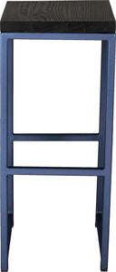 Blue metal stool with black stain ash wood made in UK - front view square frame