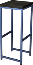 Load image into Gallery viewer, Blue metal stool with black stain ash wood made in UK - angle view square frame
