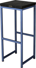 Load image into Gallery viewer, Blue metal stool with black stain ash wood made in UK - back side view square frame
