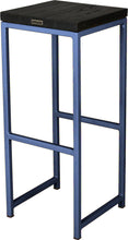 Load image into Gallery viewer, Blue metal stool with black stain ash wood made in UK - back side view square frame
