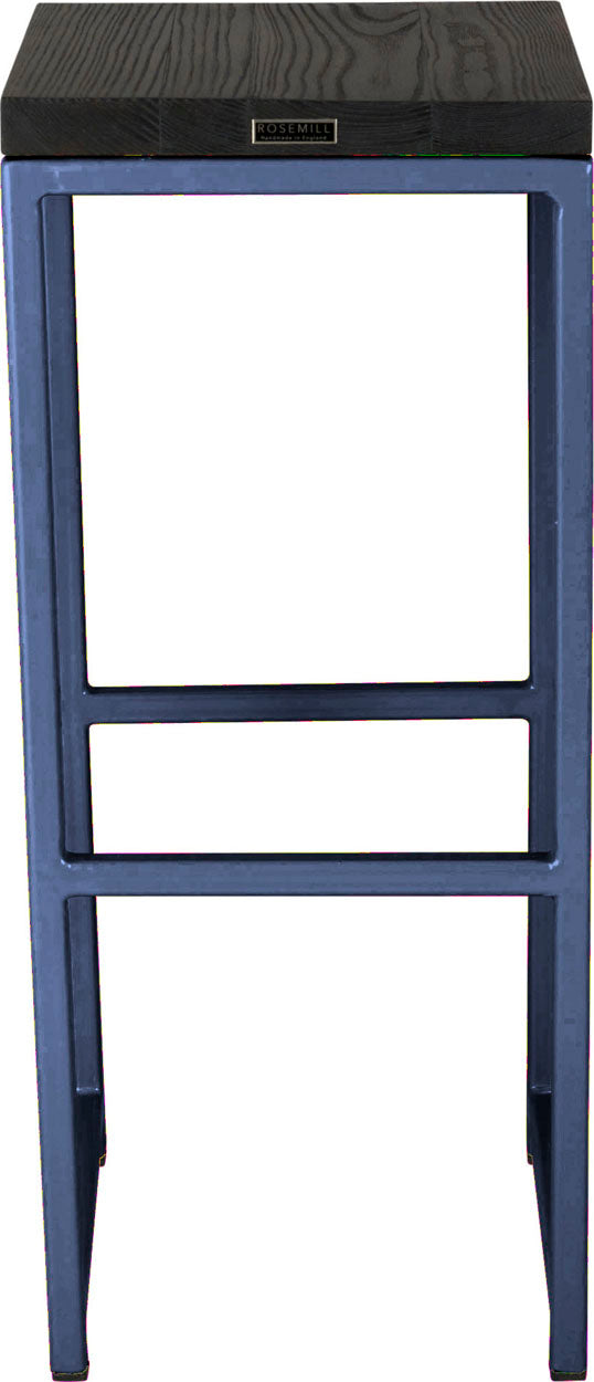 Blue metal stool with black stain ash wood made in UK - back view square frame