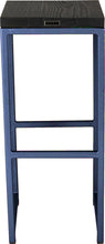 Load image into Gallery viewer, Blue metal stool with black stain ash wood made in UK - back view square frame
