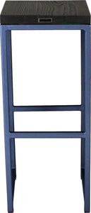 Blue metal stool with black stain ash wood made in UK - back view square frame