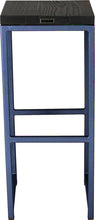 Load image into Gallery viewer, Blue metal stool with black stain ash wood made in UK - back view square frame
