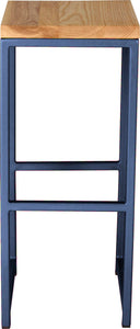Blue metal stool with natural stain ash wood made in UK - front view square frame