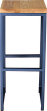Load image into Gallery viewer, Blue metal stool with natural stain ash wood made in UK - front view square frame
