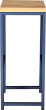 Load image into Gallery viewer, Blue metal stool with natural stain ash wood made in UK - side view square frame
