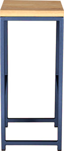Blue metal stool with natural stain ash wood made in UK - side view square frame
