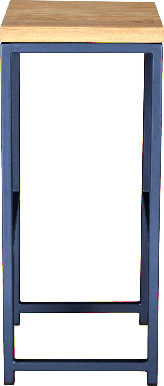 Blue metal stool with natural stain ash wood made in UK - side view square frame