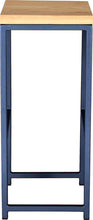 Load image into Gallery viewer, Blue metal stool with natural stain ash wood made in UK - side view square frame
