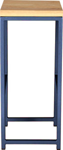 Blue metal stool with natural stain ash wood made in UK - side view square frame