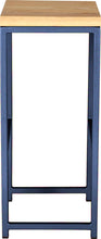 Load image into Gallery viewer, Blue metal stool with natural stain ash wood made in UK - side view square frame

