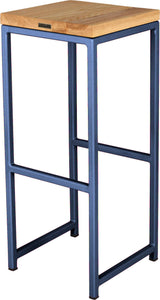 Blue metal stool with natural stain ash wood made in UK - back side view square frame