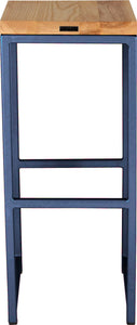 Blue metal stool with natural stain ash wood made in UK - back view square frame