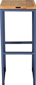 Blue metal stool with natural stain ash wood made in UK - back view square frame