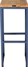 Load image into Gallery viewer, Blue metal stool with natural stain ash wood made in UK - back view square frame
