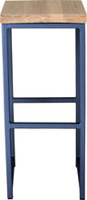 Load image into Gallery viewer, Blue metal stool with whitewash stain ash wood made in UK - front view square frame
