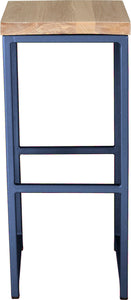 Blue metal stool with whitewash stain ash wood made in UK - front view square frame
