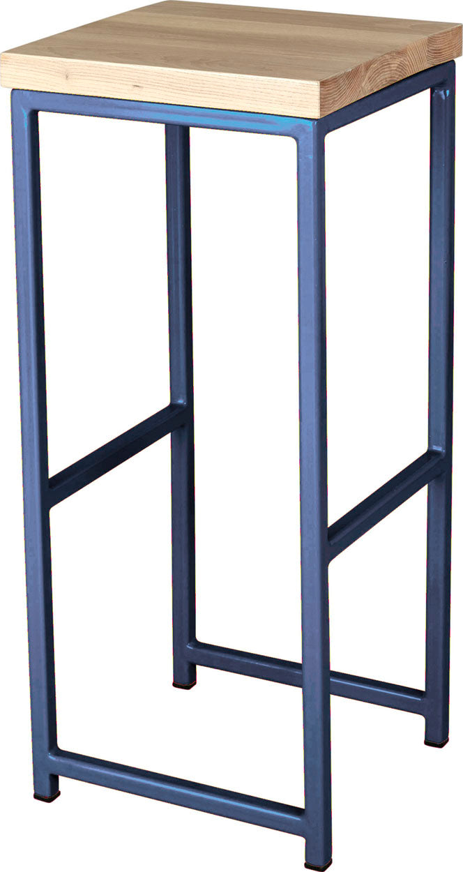 Blue metal stool with whitewash stain ash wood made in UK - angle view square frame