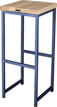Load image into Gallery viewer, Blue metal stool with whitewash stain ash wood made in UK - back side view square frame
