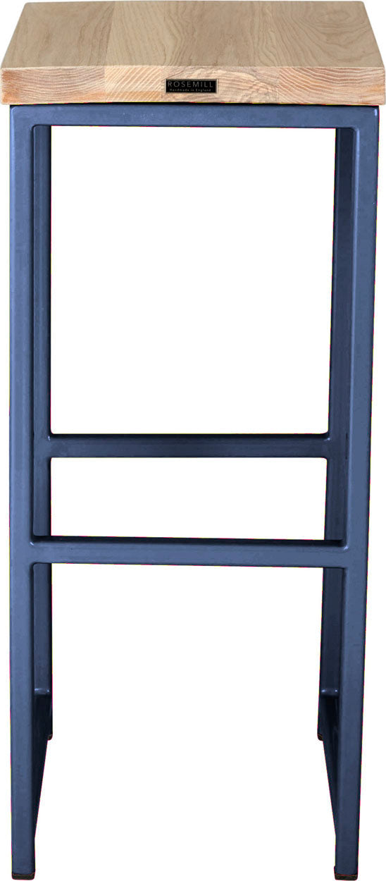 Blue metal stool with whitewash stain ash wood made in UK - back view square frame