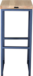Blue metal stool with whitewash stain ash wood made in UK - back view square frame