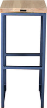 Load image into Gallery viewer, Blue metal stool with whitewash stain ash wood made in UK - back view square frame
