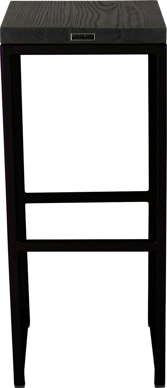 Black metal stool with black stain ash wood made in UK - back view square frame