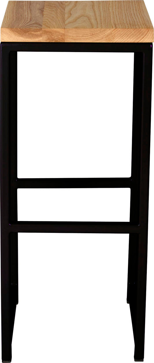 Black metal stool with natural stain ash wood made in UK - front view square frame