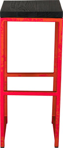 Red metal stool with black stain ash wood made in UK - front view square frame