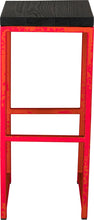 Load image into Gallery viewer, Red metal stool with black stain ash wood made in UK - front view square frame
