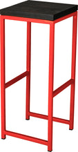 Load image into Gallery viewer, Red metal stool with black stain ash wood made in UK - angle view square frame
