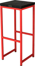 Load image into Gallery viewer, Red metal stool with black stain ash wood made in UK - back side view square frame
