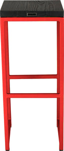 Red metal stool with black stain ash wood made in UK - back view square frame