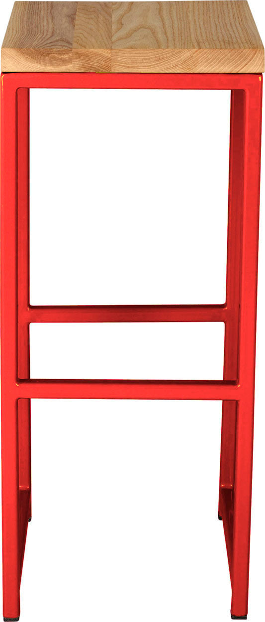 Red metal stool with natural stain ash wood made in UK - front view square frame