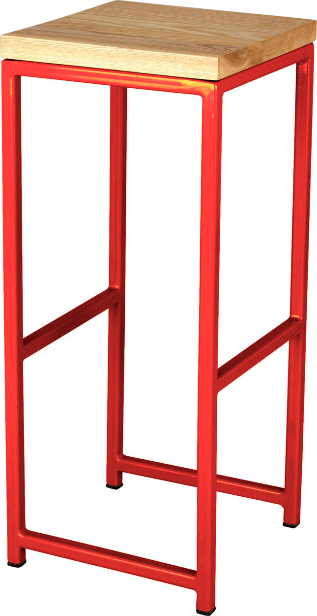 Red metal stool with natural stain ash wood made in UK - angle view square frame