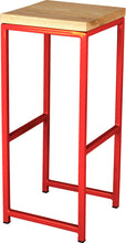 Load image into Gallery viewer, Red metal stool with natural stain ash wood made in UK - angle view square frame
