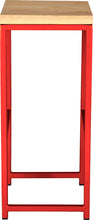Load image into Gallery viewer, Red metal stool with natural stain ash wood made in UK - side view square frame
