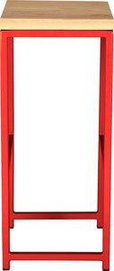 Red metal stool with natural stain ash wood made in UK - side view square frame