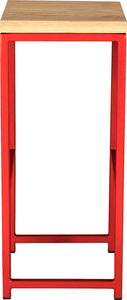 Red metal stool with natural stain ash wood made in UK - side view square frame