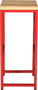 Red metal stool with natural stain ash wood made in UK - side view square frame
