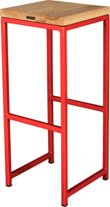 Red metal stool with natural stain ash wood made in UK - back side view square frame