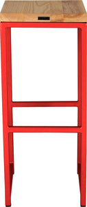 Red metal stool with natural stain ash wood made in UK - back view square frame