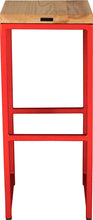 Load image into Gallery viewer, Red metal stool with natural stain ash wood made in UK - back view square frame
