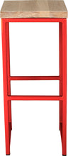 Load image into Gallery viewer, Red metal stool with whitewash stain ash wood made in UK - front view square frame
